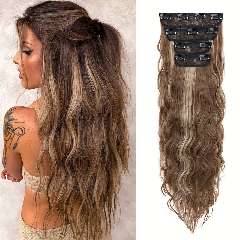 60.96 cm Clip In Hair Extensions 4pcs Long Curly Wavy Thick Highlighted Clip In Hairpieces Synthetic Hair Extension For Women Daily Halloween Use, Dark Ash Blonde Mixed Bleach Blonde, Black Balayage