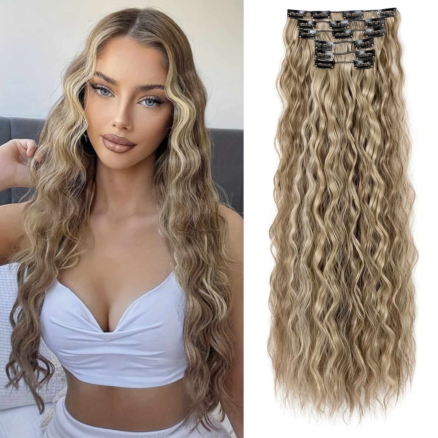 6pcs Luxurious 24-Inch Blonde Clip-In Wavy Hair Extensions for Women - Natural Soft Synthetic Fiber, Heat-Friendly, Full Head Coverage with Elegant White Diamond Accents, Ponytail Hair Extensions