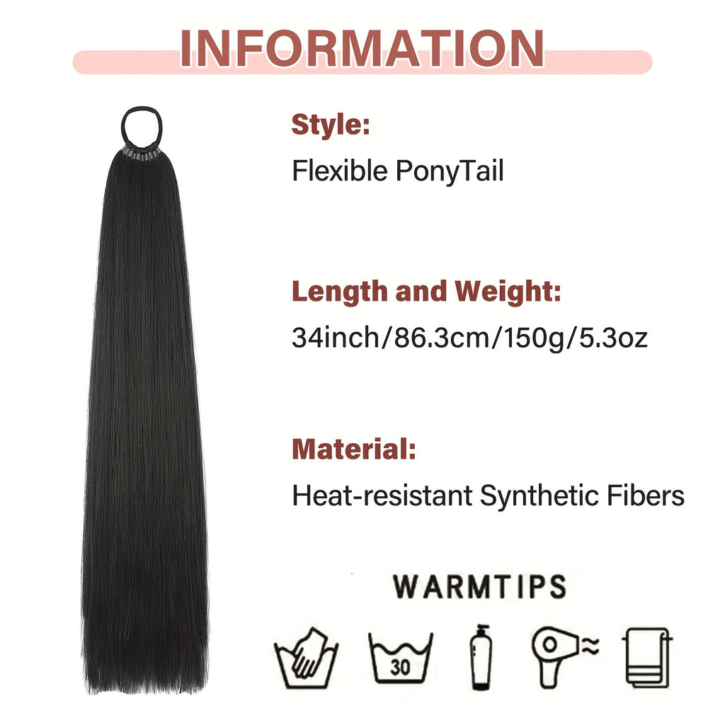 LEHAN 86.36cm Straight Synthetic Ponytail Extension for Women - Easy-to-Use, Durable High-Temperature Fiber Hairpiece for Everyday Style, Black, Ponytail Hair Extensions, Versatile Hairpiece, Natural Look Hairpiece, Synthetic Hair Fiber