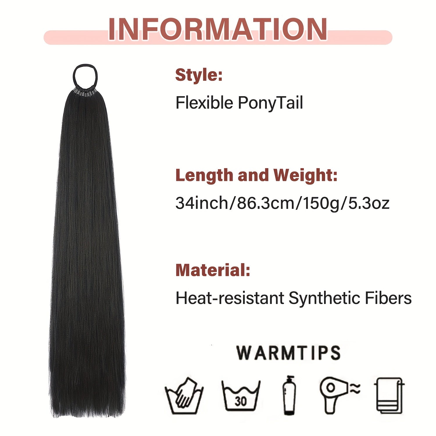 LEHAN 86.36cm Straight Synthetic Ponytail Extension for Women - Easy-to-Use, Durable High-Temperature Fiber Hairpiece for Everyday Style, Black, Ponytail Hair Extensions, Versatile Hairpiece, Natural Look Hairpiece, Synthetic Hair Fiber