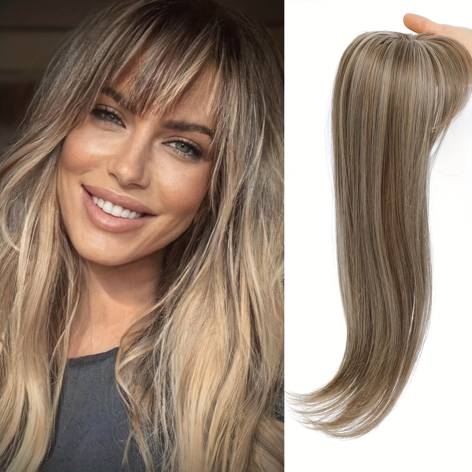 Elegant Clip-In Bangs for Women, 360° Coverage Blonde Hair Extensions with Dark Roots, French Style Straight Hair Bangs for Daily Wear, Hairpieces