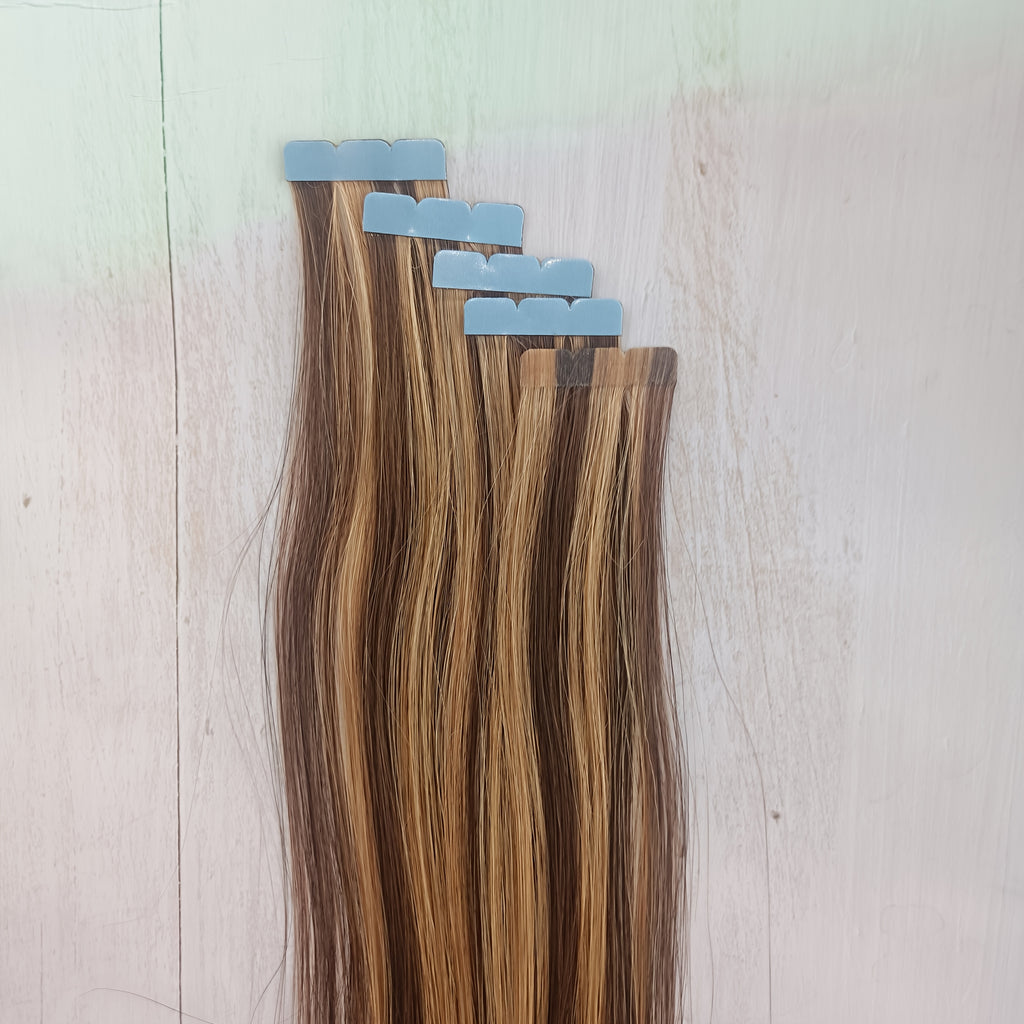 10pcs Mini Tape-In Hair Extensions Human Hair Balayage Blonde Highlights Straight Remy Human Hair Extensions for Women - Easy to Apply & Style, Natural Look for All Light Beige Tones, Versatile Styling Options, Easytoapply Tapes