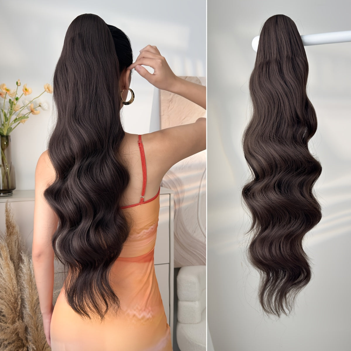 71.12cm Long Wave Synthetic Hair Extensions - Black, Brown, Orange, Red Ponytail Clips with Drawstring, Body Wave Design for Daily Use, Parties, Halloween, Christmas, Hair Accessories, Party Hair Extensions, Festive Hairpiece, Secure Clip Attachment