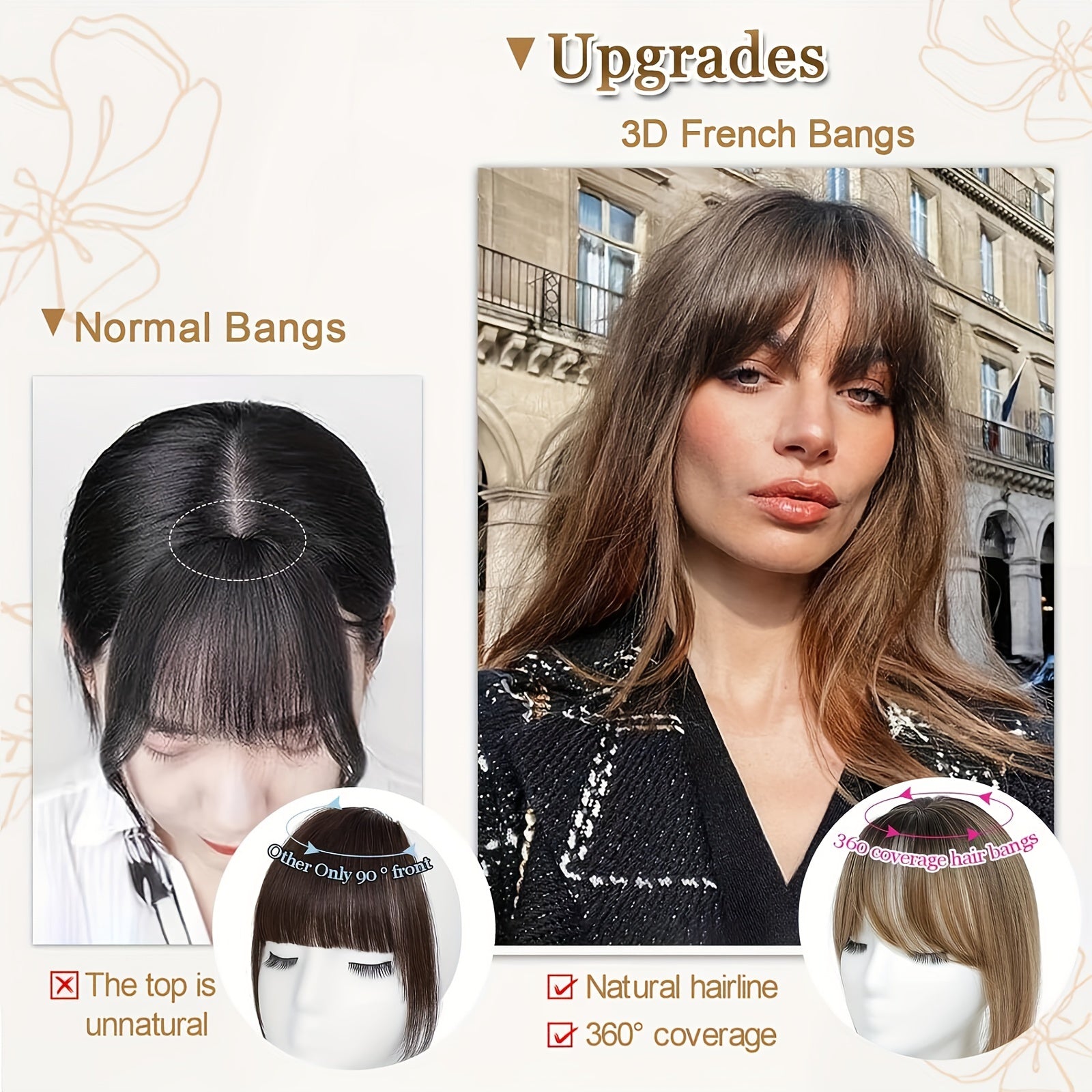 Elegant Clip-In Bangs for Women, 360° Coverage Blonde Hair Extensions with Dark Roots, French Style Straight Hair Bangs for Daily Wear, Hairpieces