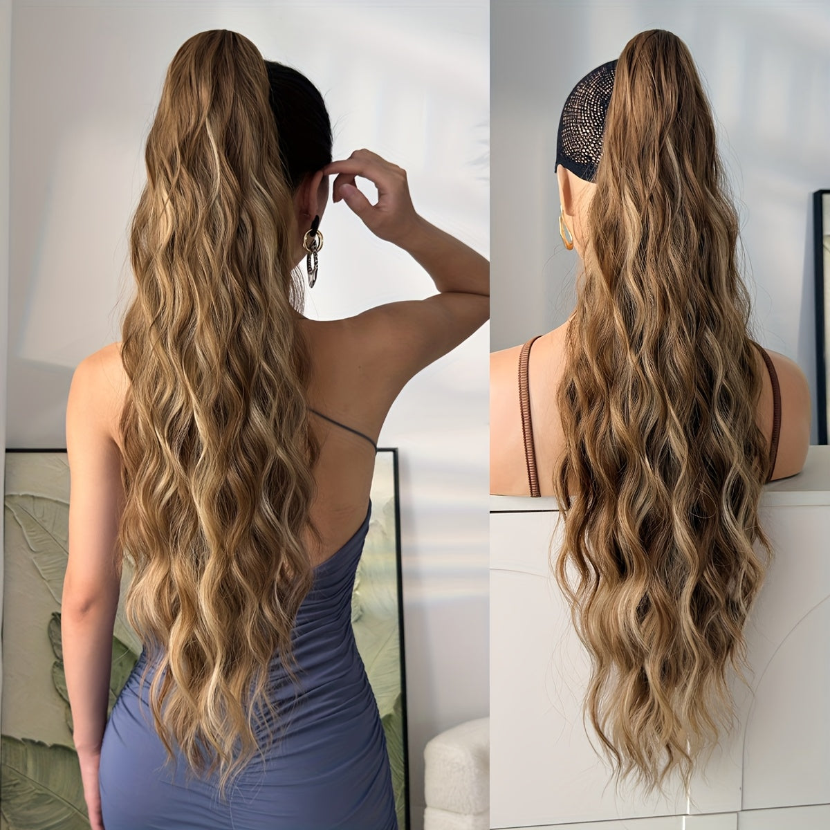 YUSULAXI 28" Ombre Claw Clip Ponytail Extension - Water Wave Synthetic Hairpiece in Light Brown, Heat-Resistant Fiber for Women with Short Hair, Daily Use Accessory, Ponytail Hair Extensions, Versatile Hairpiece, Secure Claw Attachment