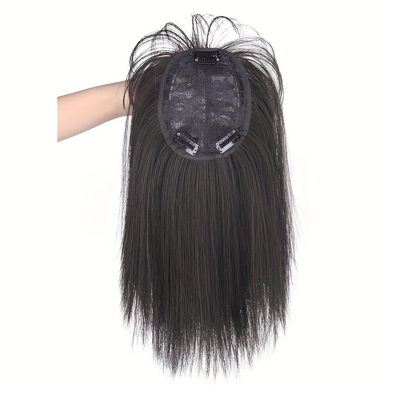 14-Inch Synthetic Hair Topper for Women with Bangs - Clip-In Straight Hairpiece for Thinning Hair, Large Base Wiglet, Black with Highlights, Versatile Style for All Ethnicities, Hair Accessories