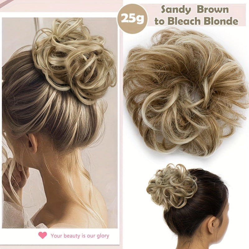 Heat-Resistant Synthetic Fiber Messy Bun Short Curly Ponytail Extension with Elastic Band - Secure Clip-In Hairpiece for Women with Thinning Hair, Natural Volume & Warm Brown/Blonde/Black/Red/Beige/Champagne Blonde Options, Hair Accessories