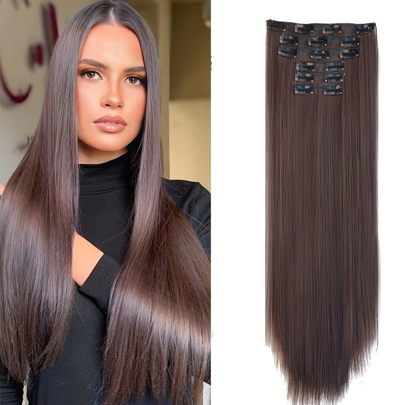 Thick Long Clip In Hair Extensions, Lightweight Synthetic Hairpieces For Women, Chocolate Brown With Golden Blonde Highlights, Hair Clips Hair Accessories