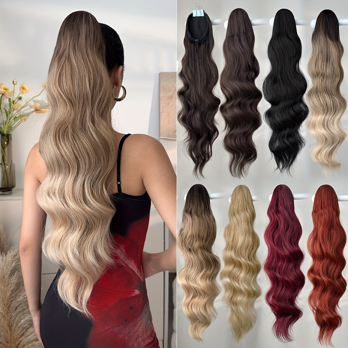 71.12cm Long Wave Synthetic Hair Extensions - Black, Brown, Orange, Red Ponytail Clips with Drawstring, Body Wave Design for Daily Use, Parties, Halloween, Christmas, Hair Accessories, Party Hair Extensions, Festive Hairpiece, Secure Clip Attachment