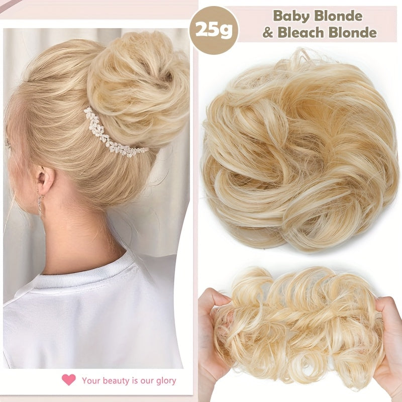 Heat-Resistant Synthetic Fiber Messy Bun Short Curly Ponytail Extension with Elastic Band - Secure Clip-In Hairpiece for Women with Thinning Hair, Natural Volume & Warm Brown/Blonde/Black/Red/Beige/Champagne Blonde Options, Hair Accessories