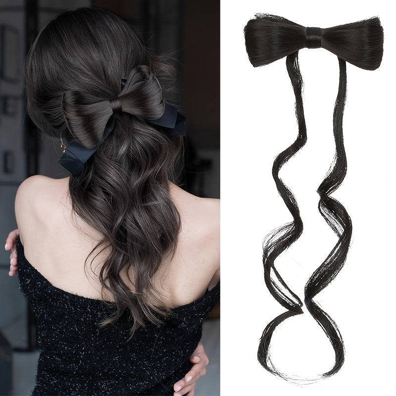 Elegant Bowknot Hairpiece with 35.56cm Natural Curly Synthetic Ponytail - Dark Brown & Blonde Highlights, Decorative Clip Barrette for Women and Girls - Versatile and Stylish Hair Accessory, Hair Accessories