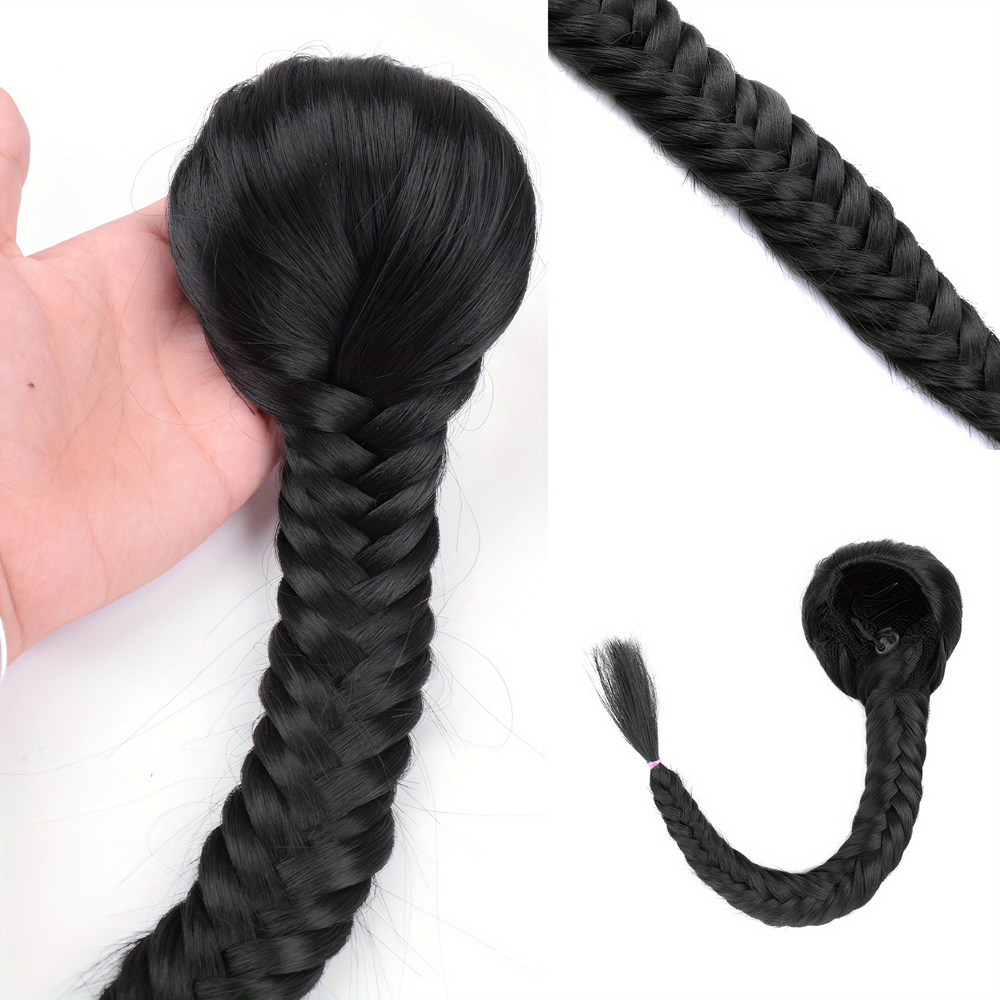 16-inch Elegant Curly Wave Ponytail Extension - 1pc Fishbone Braided Clip-in Synthetic Hair - Unisex-Adult Fashion Party Christmas New Year Gift
