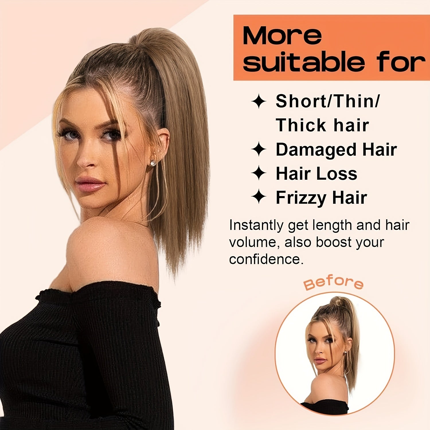 30.48cm Straight Multi-Layered Lightweight Fluffy Ponytail Extension - Tangle-Resistant, Smooth Soft Synthetic Hairpiece for Women, High-Temperature Fiber, Perfect for Short Hair, Hair Extension|Straight Hair Extension|Smooth Texture