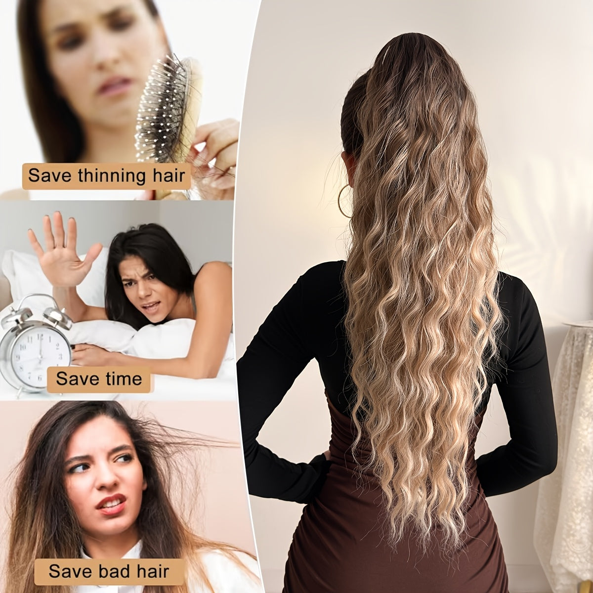 Drawstring Ponytail Extension Hair 28 Inch Ombre Long Water Wave Heat Resistant Fiber Synthetic Ponytail Hairpiece for Women Daily Used