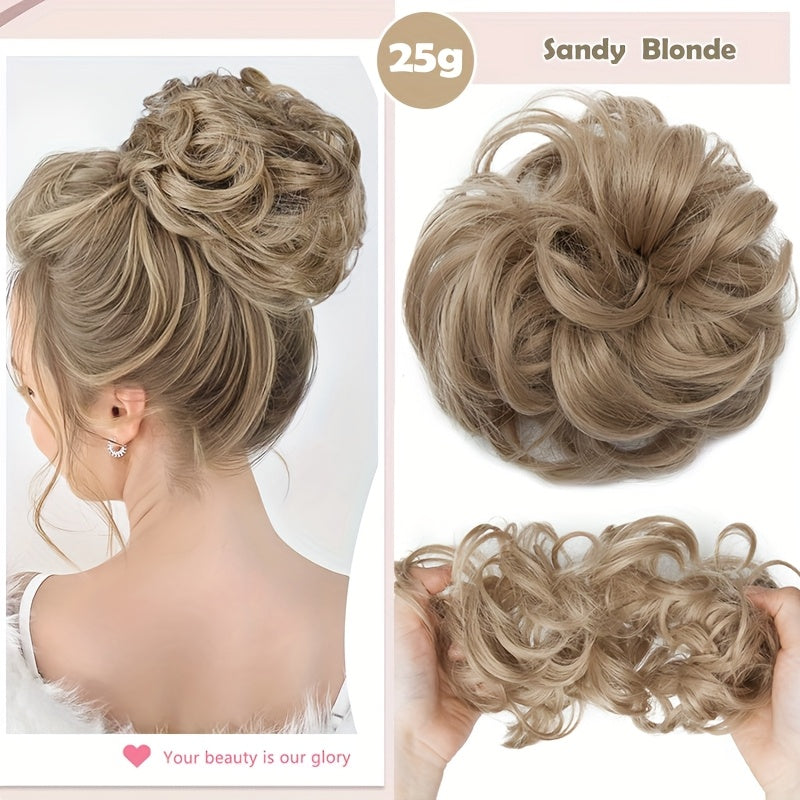 Heat-Resistant Synthetic Fiber Messy Bun Short Curly Ponytail Extension with Elastic Band - Secure Clip-In Hairpiece for Women with Thinning Hair, Natural Volume & Warm Brown/Blonde/Black/Red/Beige/Champagne Blonde Options, Hair Accessories