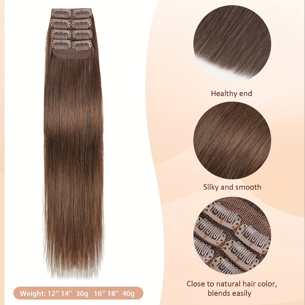4pcs with 8 Clips Straight Clip In Hair Extensions 100% Real Human Hair Light Brown 12-18 Inch Double Weft Invisiable Clip Hair Extensions Remy Natural Human Hair for Women Girl Daily Full Head Use