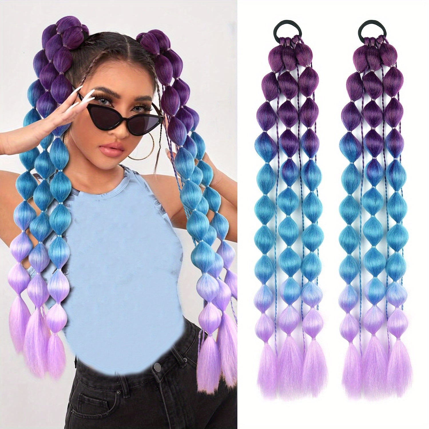 2pcs Vibrant Ombré Ponytail Extensions - 60.96 cm Lightweight, Colorful Braided Hair Accessories for Women, Perfect for Parties, Festivals, and Rave Events, Festival Hair Accessory | Vibrant Hair Extensions | Lightweight Extensions, Hair Accessories
