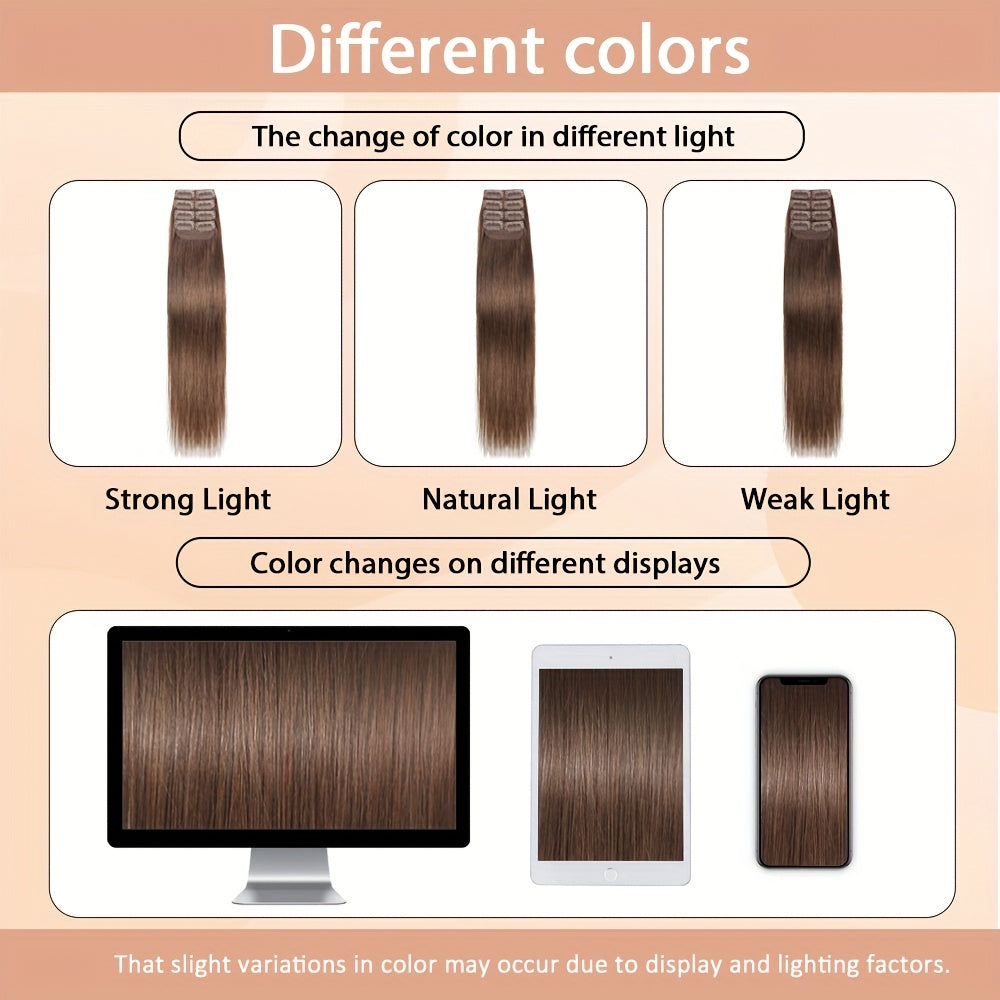 4pcs with 8 Clips Straight Clip In Hair Extensions 100% Real Human Hair Light Brown 12-18 Inch Double Weft Invisiable Clip Hair Extensions Remy Natural Human Hair for Women Girl Daily Full Head Use