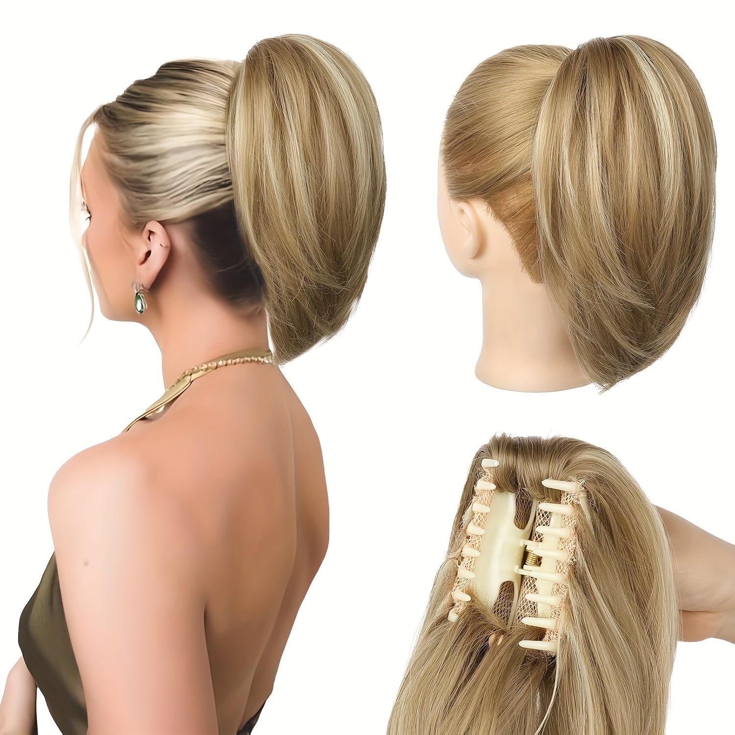 10-Inch Claw Clip Ponytail Extension, Soft Synthetic Natural Look in Blonde - High-Temperature Fiber, Women'S Fashion Highlighted Curly Wave Ponytai