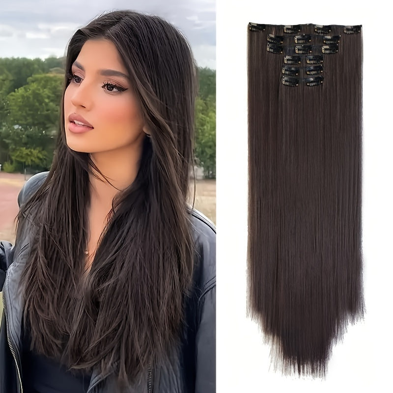 Thick Long Clip In Hair Extensions, Lightweight Synthetic Hairpieces For Women, Chocolate Brown With Golden Blonde Highlights, Hair Clips Hair Accessories