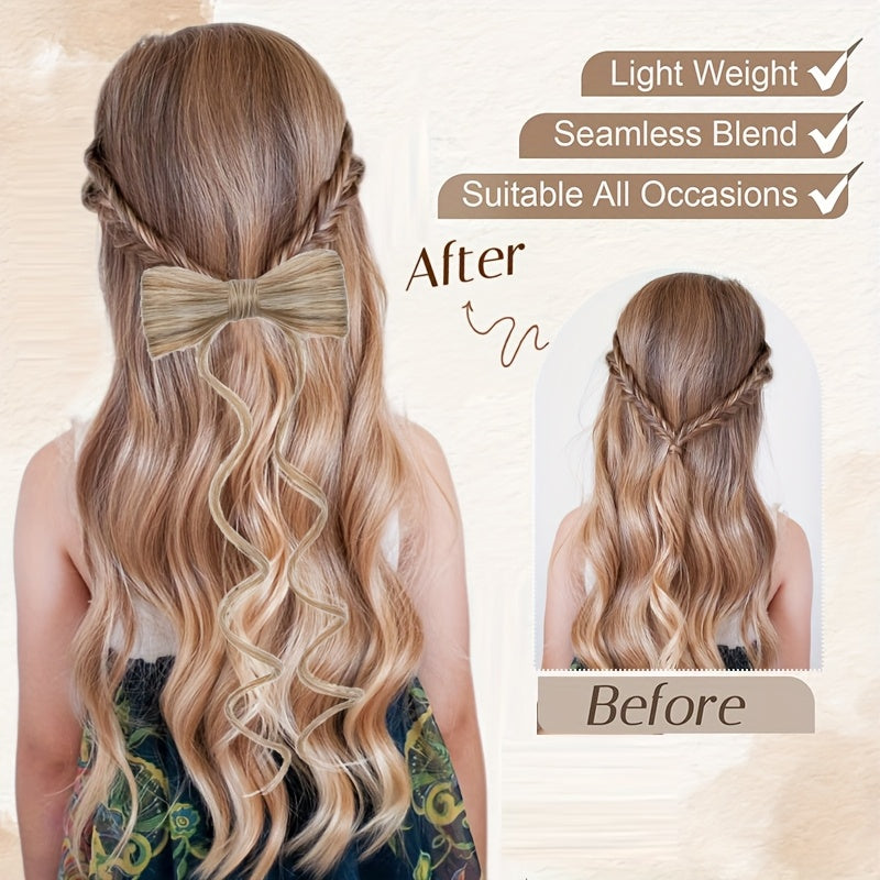 Elegant Bowknot Hairpiece with 35.56cm Natural Curly Synthetic Ponytail - Dark Brown & Blonde Highlights, Decorative Clip Barrette for Women and Girls - Versatile and Stylish Hair Accessory, Hair Accessories
