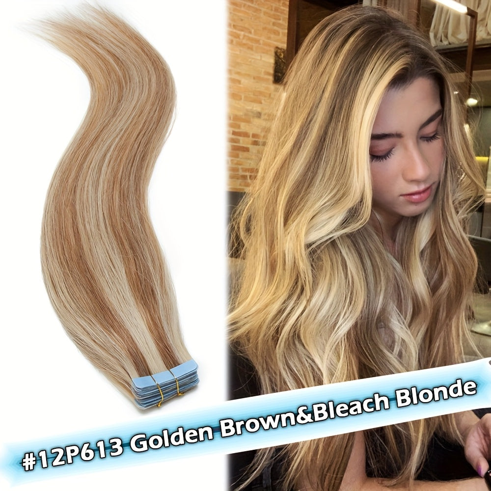 10pcs/1 Pack Straight Real Human Hair Tape In Extensions Straight Smooth Hair Extensions 40.64cm-60.96cm Natural Popular Blonde Color Human Hair Extneisons For Women, Versatile Use For Ewedding, Party, Brithday, Fesitival To Add Volumn And Length.