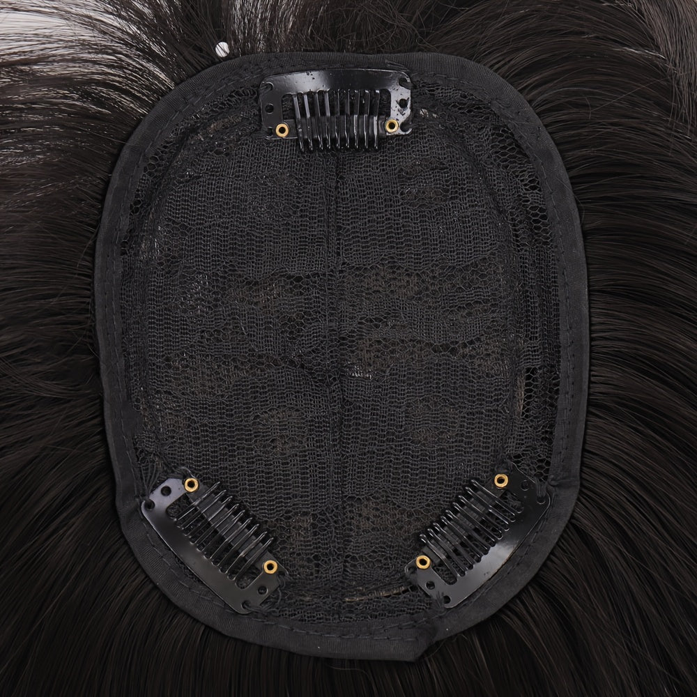 14-Inch Synthetic Hair Topper for Women with Bangs - Clip-In Straight Hairpiece for Thinning Hair, Large Base Wiglet, Black with Highlights, Versatile Style for All Ethnicities, Hair Accessories
