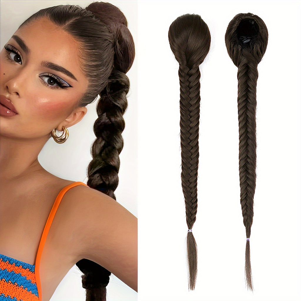 16-inch Elegant Curly Wave Ponytail Extension - 1pc Fishbone Braided Clip-in Synthetic Hair - Unisex-Adult Fashion Party Christmas New Year Gift