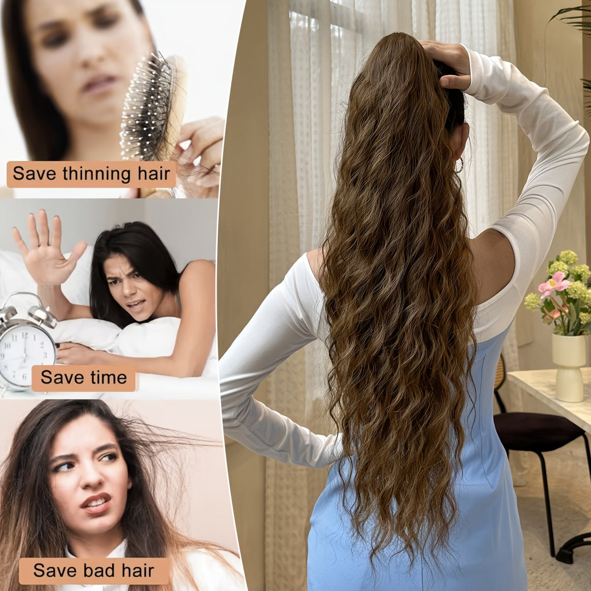 Claw shaped ponytail extension dark brown 71.12 cm water wave heat-resistant fiber synthetic ponytail wig, suitable for short hair accessories for Women's daily use