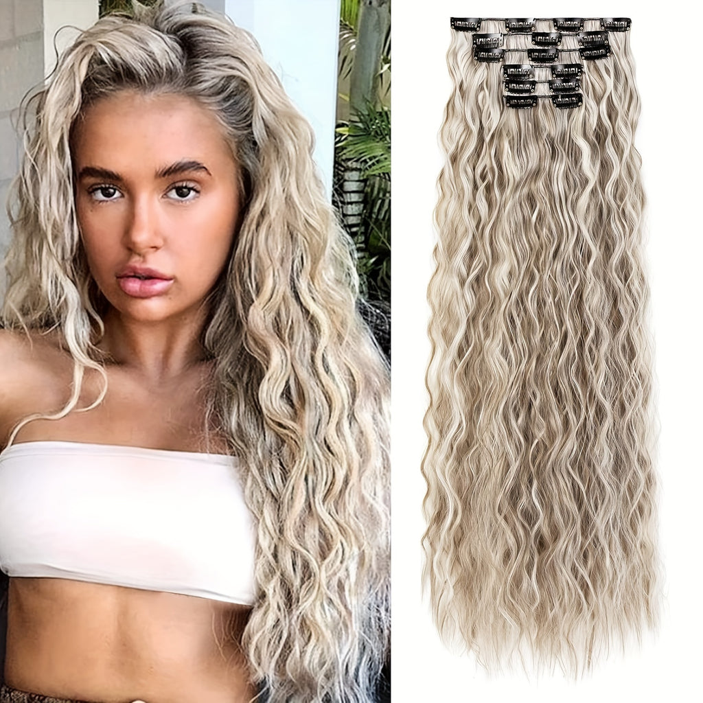6pcs Luxurious 24-Inch Blonde Clip-In Wavy Hair Extensions for Women - Natural Soft Synthetic Fiber, Heat-Friendly, Full Head Coverage with Elegant White Diamond Accents, Ponytail Hair Extensions