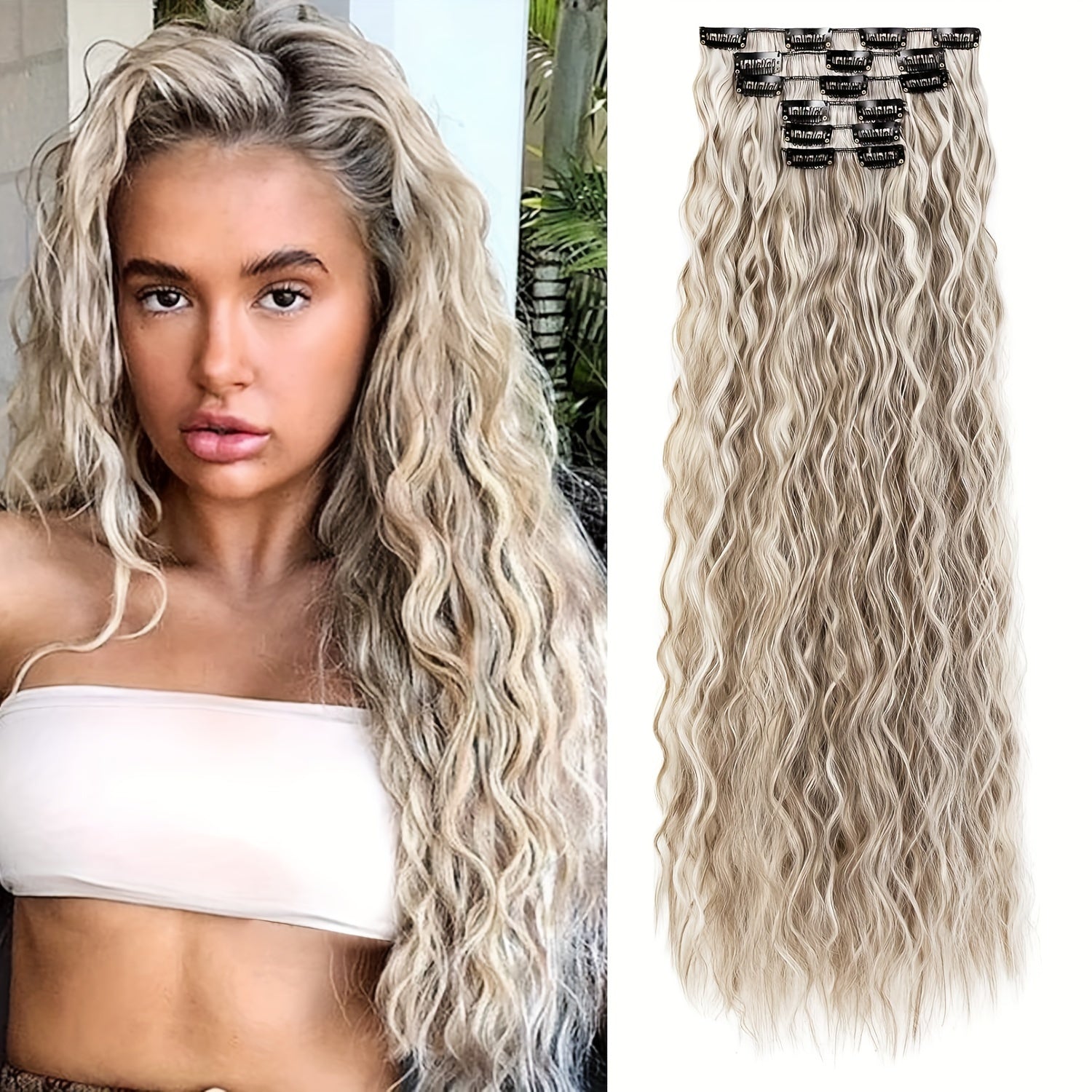 6pcs Luxurious 24-Inch Blonde Clip-In Wavy Hair Extensions for Women - Natural Soft Synthetic Fiber, Heat-Friendly, Full Head Coverage with Elegant White Diamond Accents, Ponytail Hair Extensions