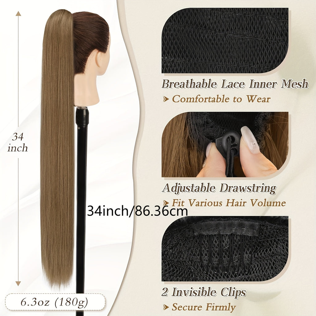 BARSDAR Brown Ponytail Extension, 86.36 cm Long Straight Drawstring Ponytail Hair Extensions Synthetic Clip In Pony Tails Hairpieces Fake Straight Ponytail For Women Girls Daily