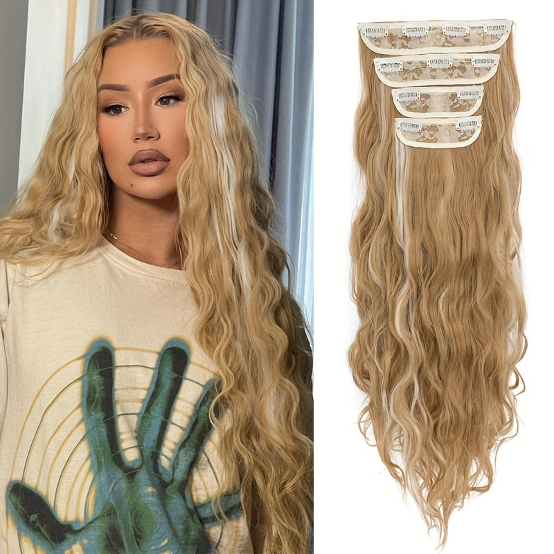 60.96 cm Clip In Hair Extensions 4pcs Long Curly Wavy Thick Highlighted Clip In Hairpieces Synthetic Hair Extension For Women Daily Halloween Use, Dark Ash Blonde Mixed Bleach Blonde, Black Balayage