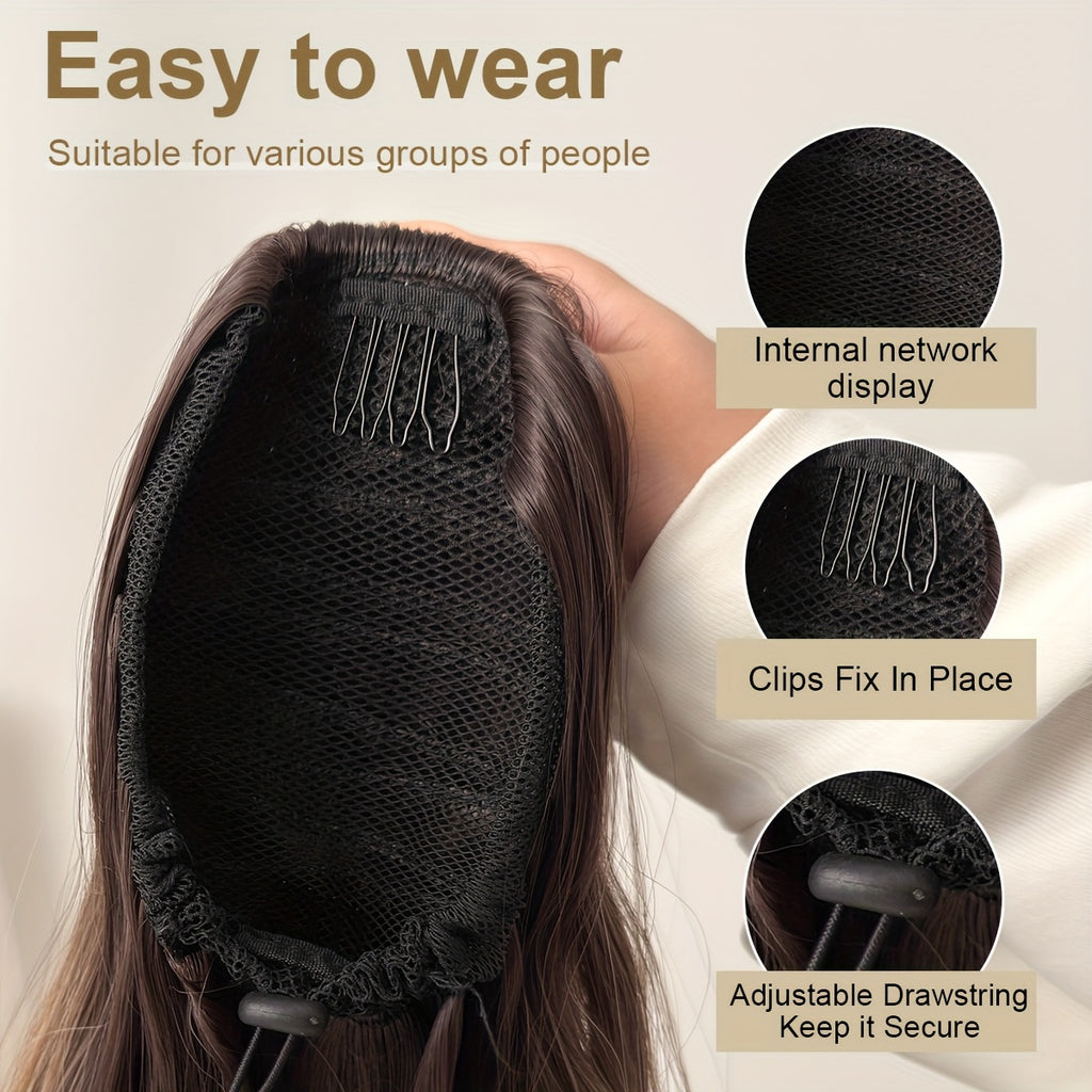 Drawstring Ponytail Extension Hair 28 Inch Ombre Long Water Wave Heat Resistant Fiber Synthetic Ponytail Hairpiece for Women Daily Used