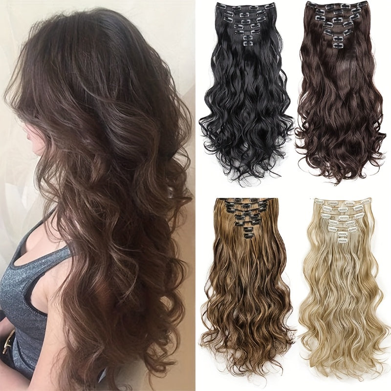 [Elegant Clip-In Hair Extension] Long Wavy Curly Clip-In Hair Extension for Women - Elegant Mixed Color, 16 Clips, Synthetic Hairpiece for Volume Boost & Styling