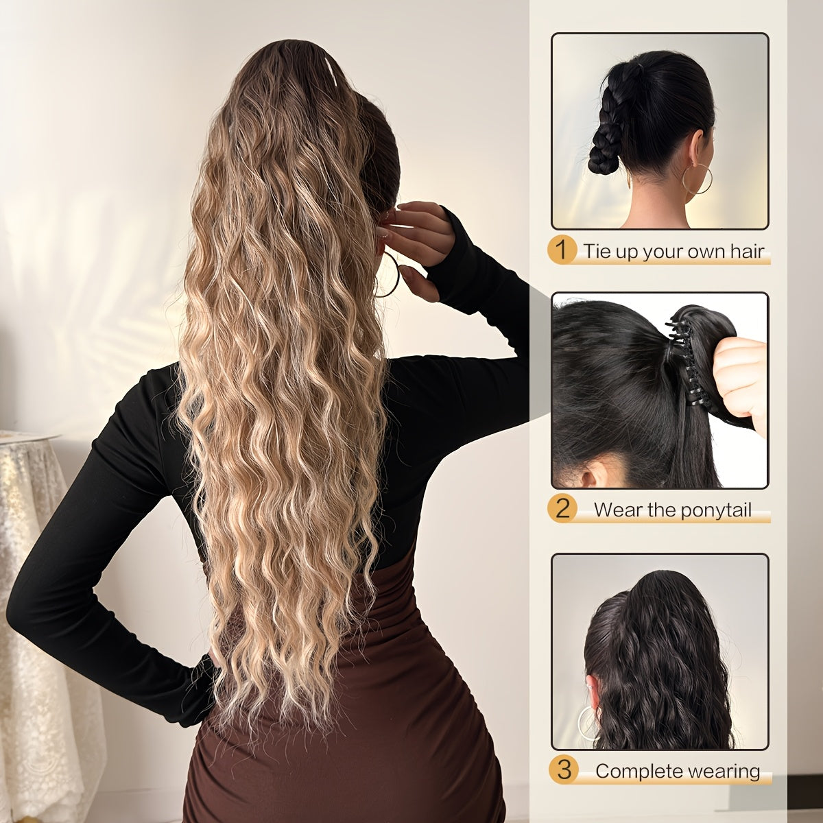 Drawstring Ponytail Extension Hair 28 Inch Ombre Long Water Wave Heat Resistant Fiber Synthetic Ponytail Hairpiece for Women Daily Used