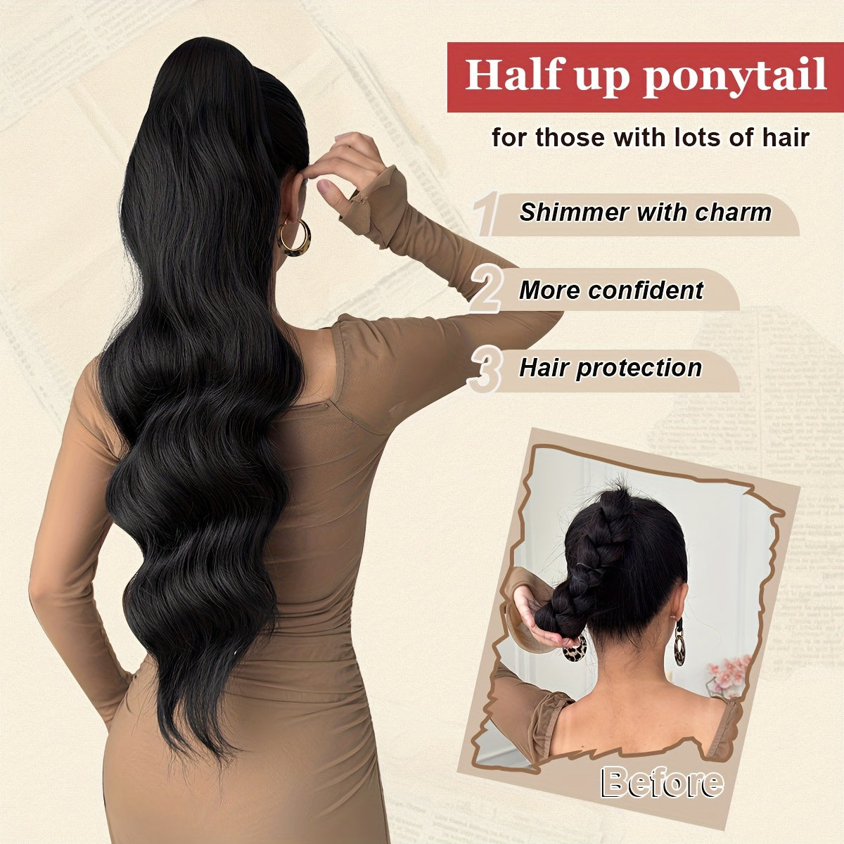 71.12cm Long Wave Synthetic Hair Extensions - Black, Brown, Orange, Red Ponytail Clips with Drawstring, Body Wave Design for Daily Use, Parties, Halloween, Christmas, Hair Accessories, Party Hair Extensions, Festive Hairpiece, Secure Clip Attachment