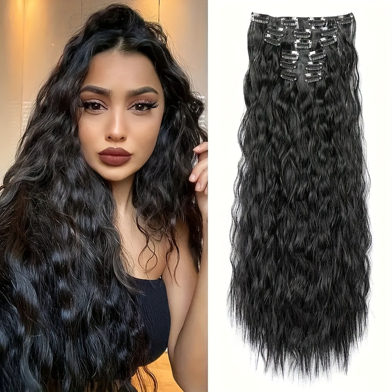 6pcs Luxurious 24-Inch Blonde Clip-In Wavy Hair Extensions for Women - Natural Soft Synthetic Fiber, Heat-Friendly, Full Head Coverage with Elegant White Diamond Accents, Ponytail Hair Extensions