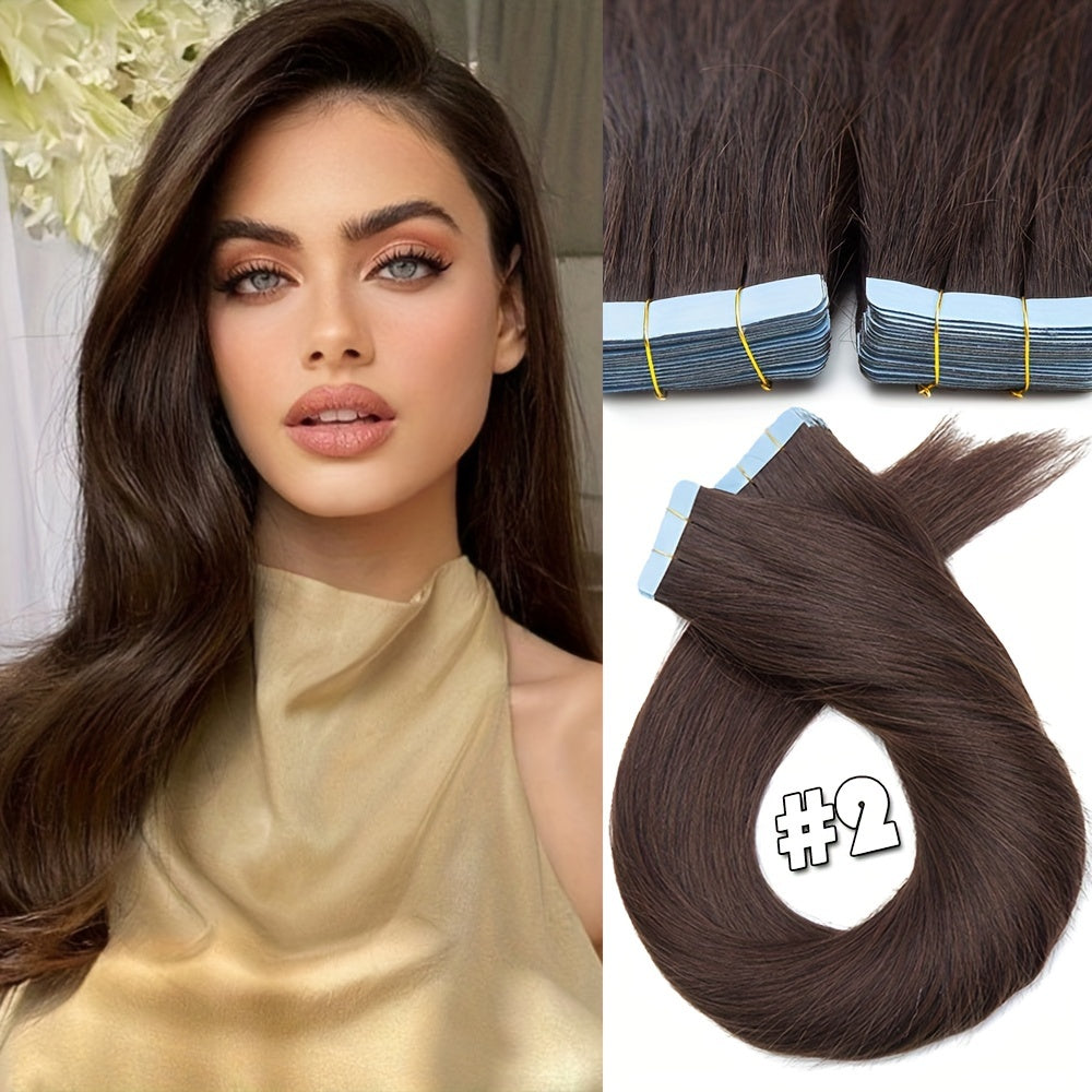 BENEHAIR Tape In Hair Extensions Human Hair 100% Remy Human Hair Extensions Silky Straight For Fashion Women 10 Pcs/Package Dark Brown Black 20G-25G