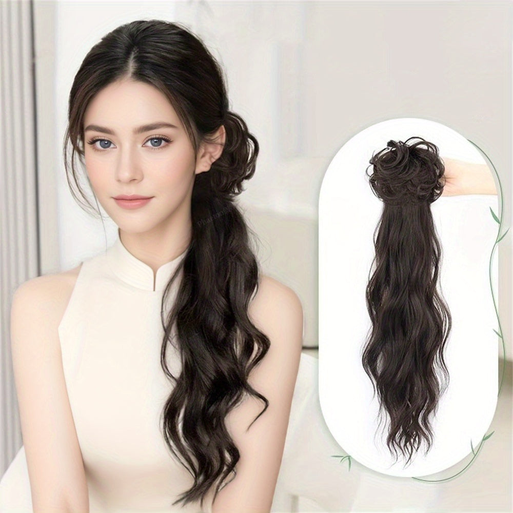Extended Length Voluminous Ponytail Hairpiece, Natural Curly Synthetic Clip-In Low Ponytail Extension for All Hair Types, Women's Vintage-Inspired Messy Bun Fashionable Everyday Wear
