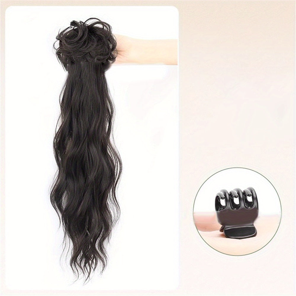 Extended Length Voluminous Ponytail Hairpiece, Natural Curly Synthetic Clip-In Low Ponytail Extension for All Hair Types, Women's Vintage-Inspired Messy Bun Fashionable Everyday Wear