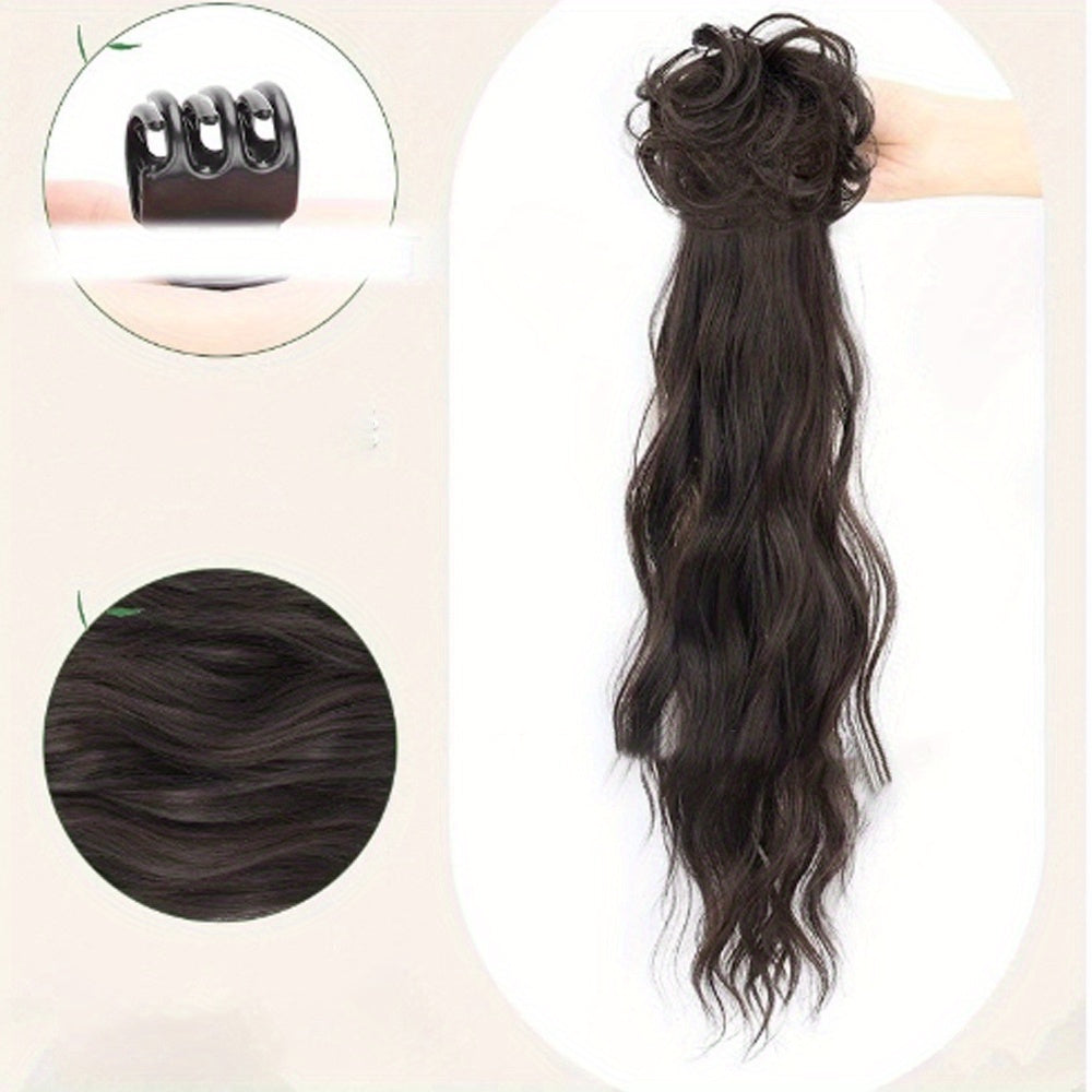 Extended Length Voluminous Ponytail Hairpiece, Natural Curly Synthetic Clip-In Low Ponytail Extension for All Hair Types, Women's Vintage-Inspired Messy Bun Fashionable Everyday Wear
