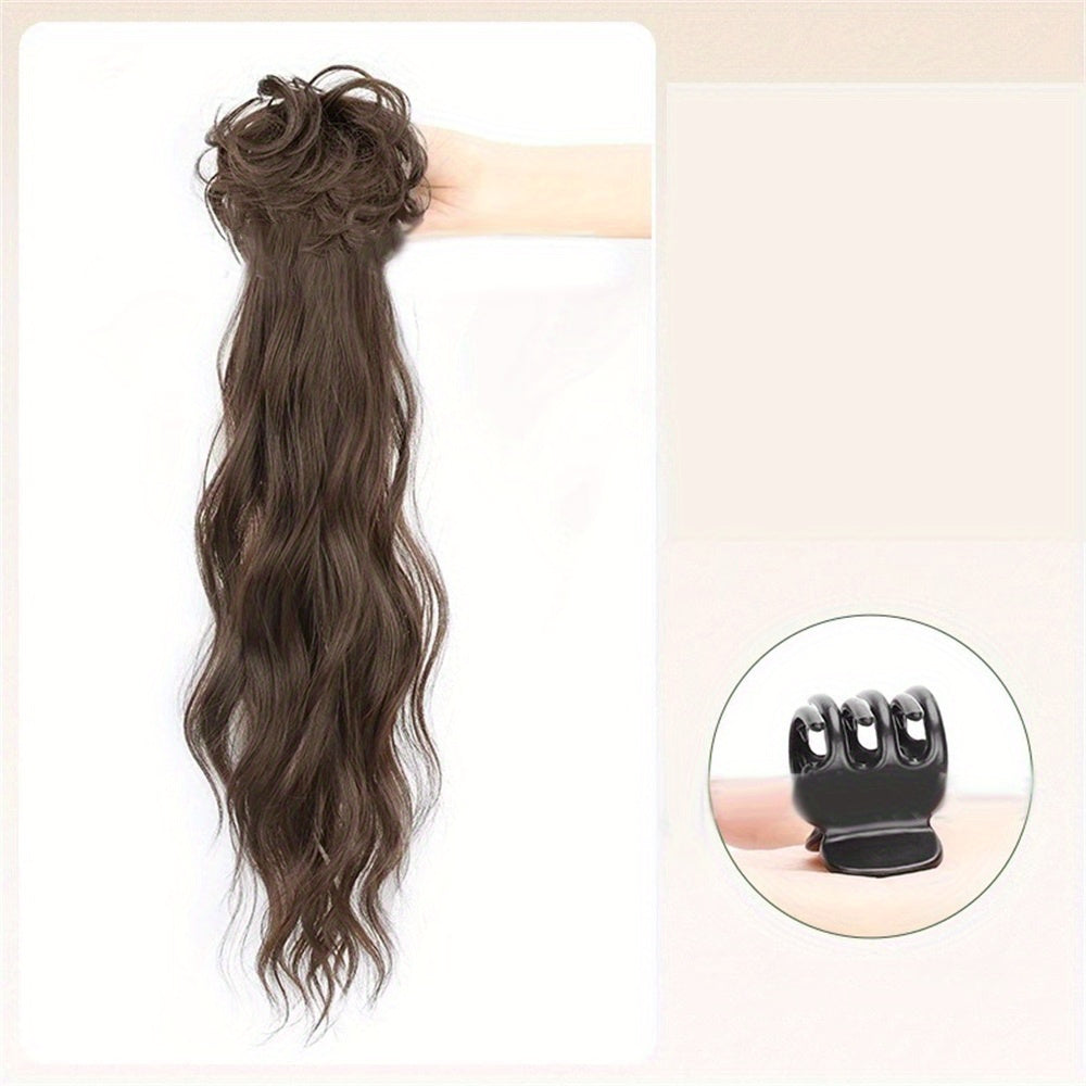 Extended Length Voluminous Ponytail Hairpiece, Natural Curly Synthetic Clip-In Low Ponytail Extension for All Hair Types, Women's Vintage-Inspired Messy Bun Fashionable Everyday Wear