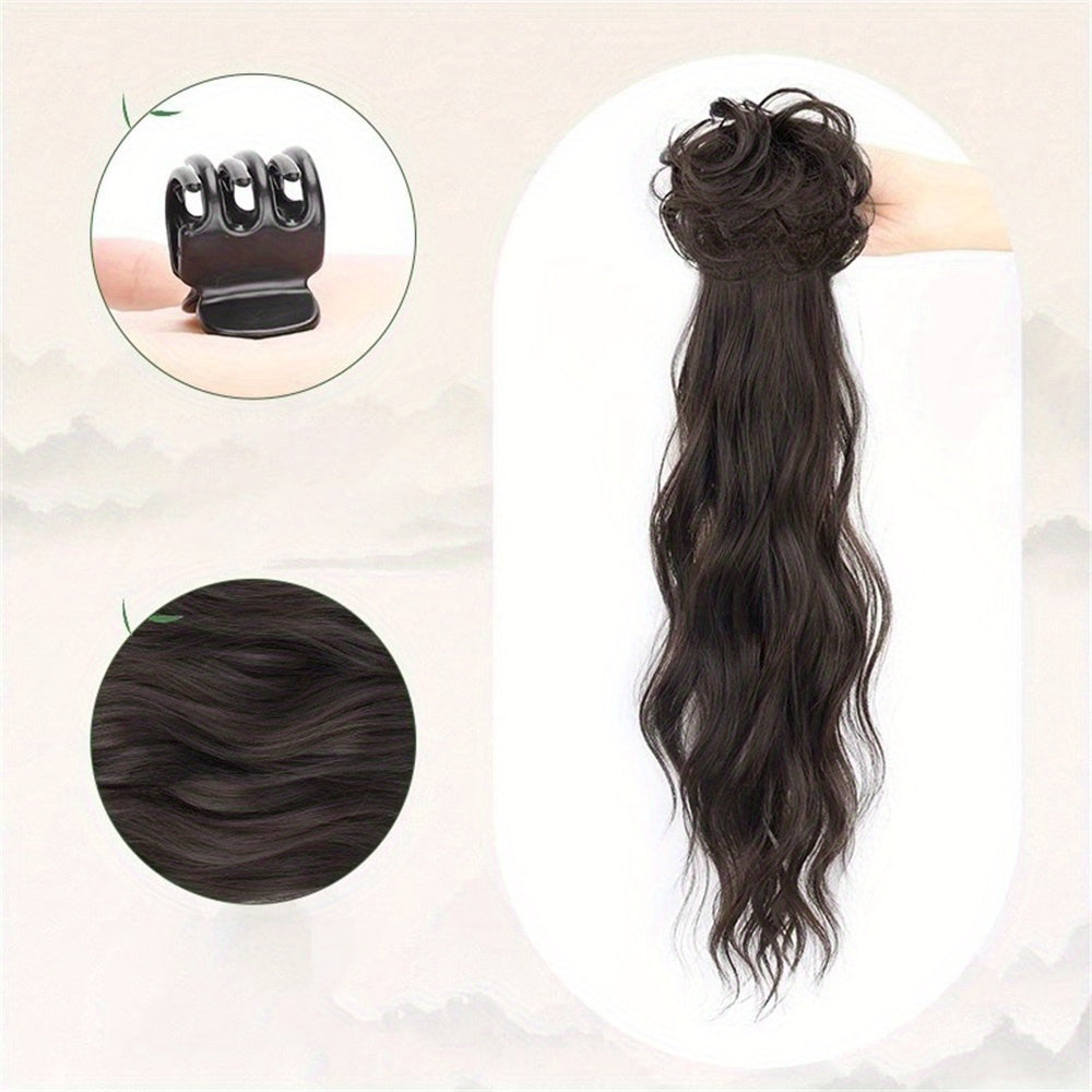 Extended Length Voluminous Ponytail Hairpiece, Natural Curly Synthetic Clip-In Low Ponytail Extension for All Hair Types, Women's Vintage-Inspired Messy Bun Fashionable Everyday Wear