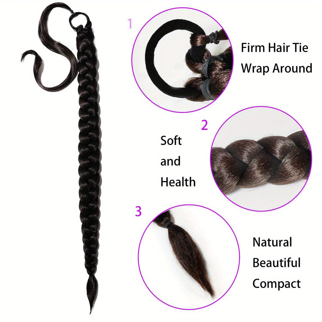 2PCS 76.2 cm Long Braided Ponytail Extension - Soft, Natural-Looking, DIY Wrap Around Hair Piece with Hair Tie - Straight, Synthetic Hair for Women and Girls