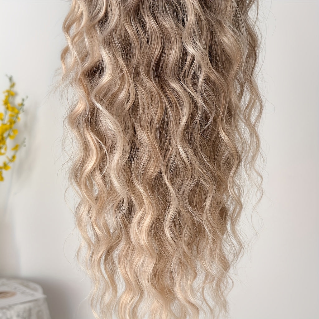 Drawstring Ponytail Extension Hair 28 Inch Ombre Long Water Wave Heat Resistant Fiber Synthetic Ponytail Hairpiece for Women Daily Used