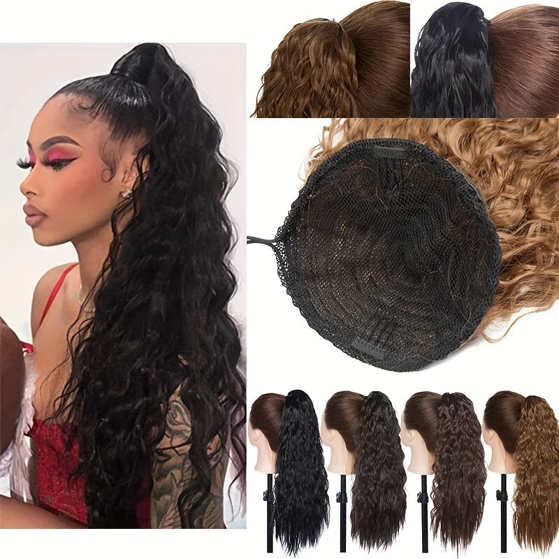 18inch/45cm Long Kinky Corn Wave Ponytail Hair Extension Synthetic Drawstring Afro Curly Wavy Pony Tail Wrap Around Pony Tails Clip In Hairpieces Layered Hairpiece Black Brown Blonde Highlight For Women Daily Party Halloween Christmas Use