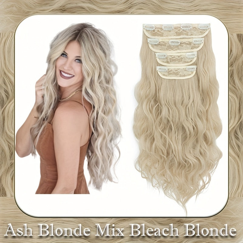 60.96 cm Clip In Hair Extensions 4pcs Long Curly Wavy Thick Highlighted Clip In Hairpieces Synthetic Hair Extension For Women Daily Halloween Use, Dark Ash Blonde Mixed Bleach Blonde, Black Balayage