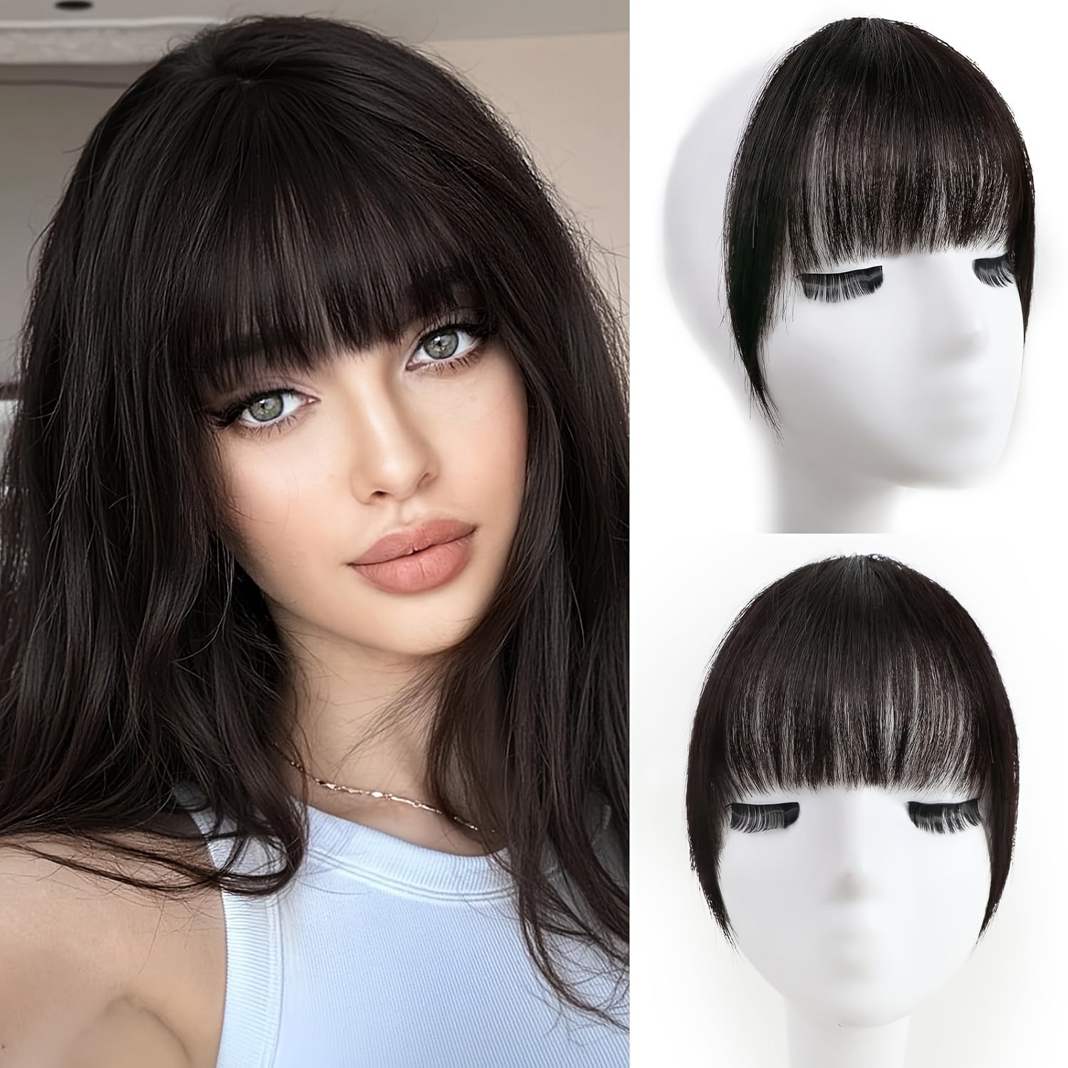 Elegant French-Style Clip-In Bangs with Sideburns, 100% Human Hair, Lightweight & Seamless for Women - Perfect for Daily Wear & Easy Styling, Bangs Clip, Human Hair