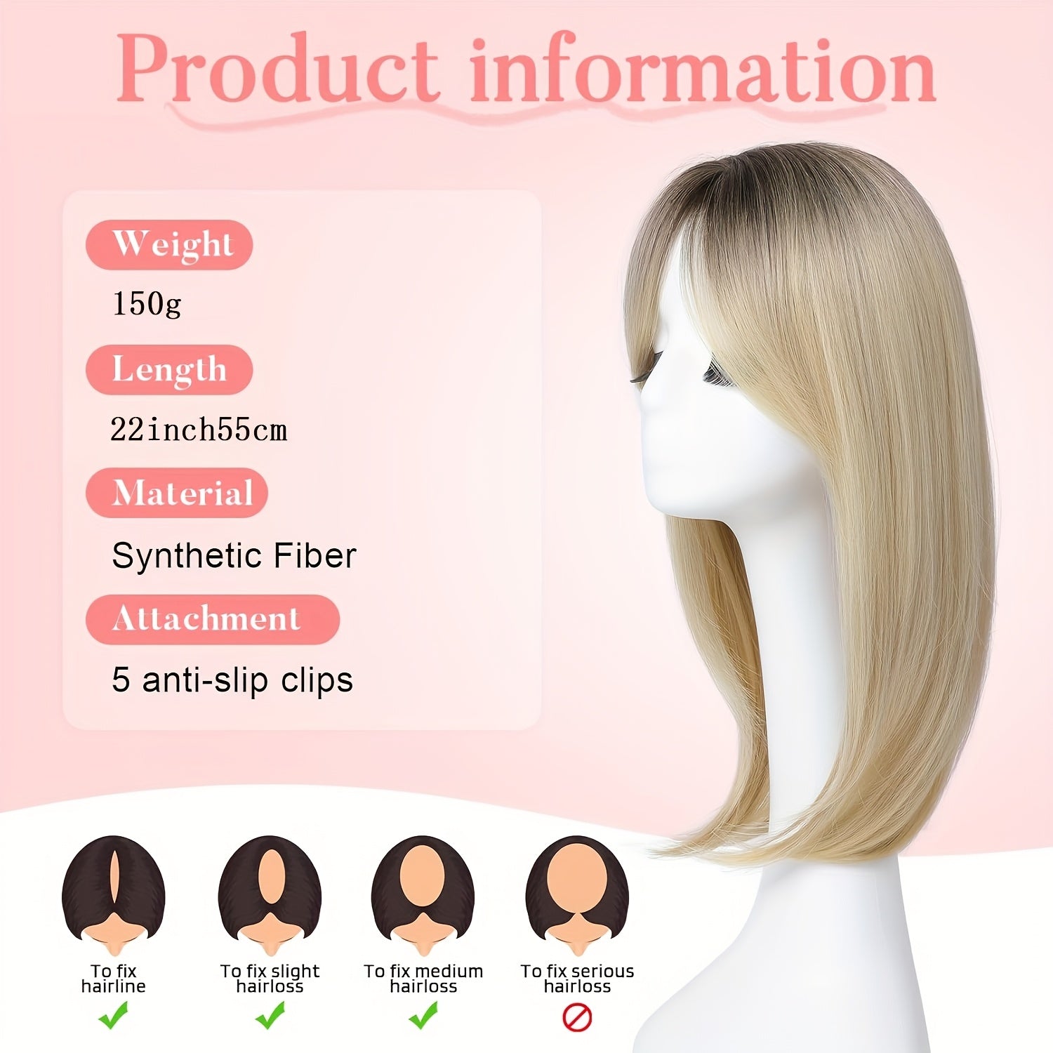 [Synthetic Hairpiece] 22-Inch Light Golden And Bleached Blonde Mixed Hair Top Synthetic Hairpiece | 55 Cm | Synthetic | Swiss Base And 3 Clips | Thinning Hair And Gray Hair Loss
